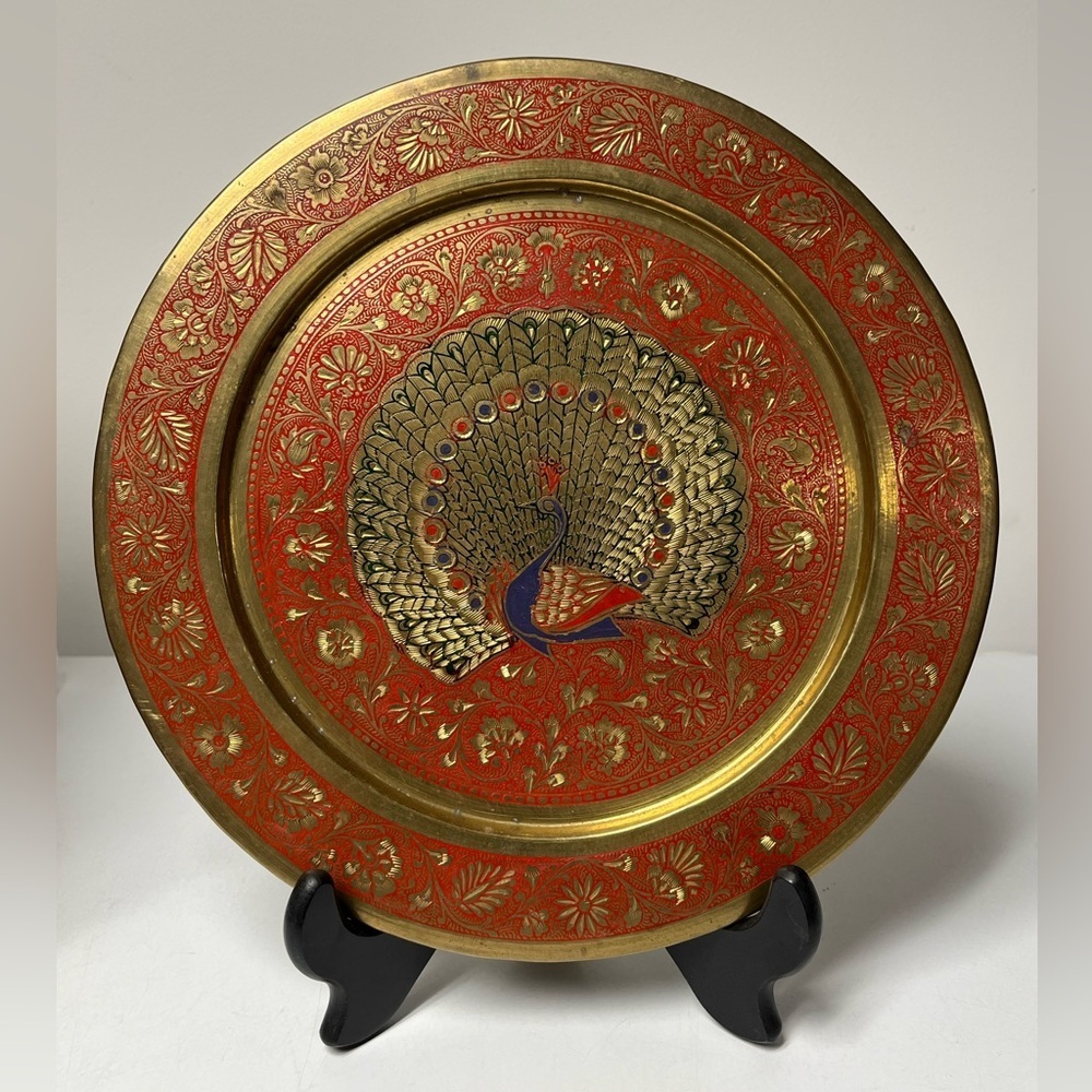 VINTAGE PENCO INDUSTRIES BRASS ETCHED PLATE PLATTER DECOR MADE IN INDIA